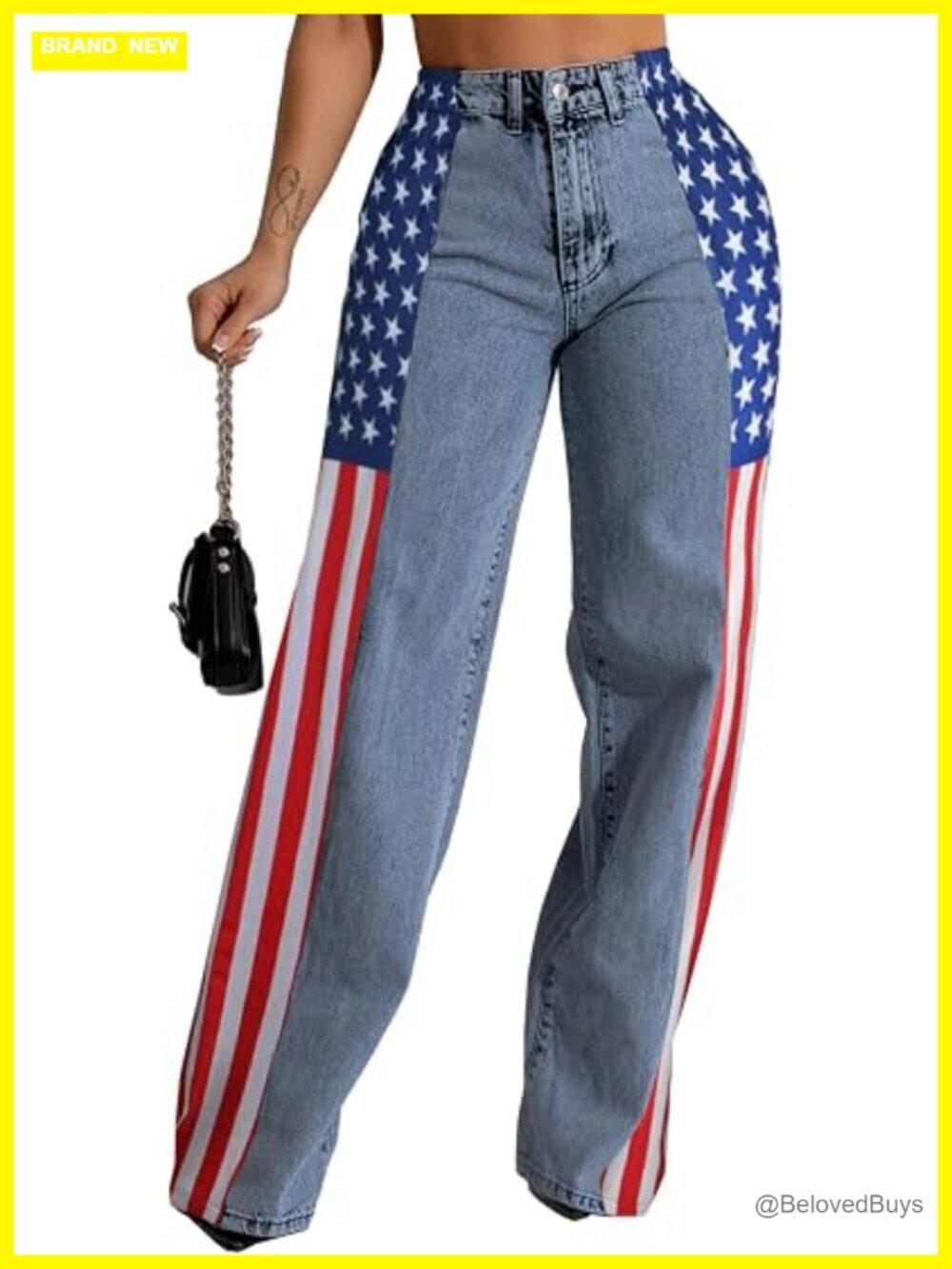 Women's Stretchy Straight Leg Jeans with American Flag Patchwork High Waist